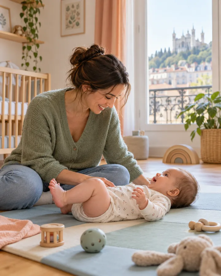 Illustration : un parent échange avec son bébé éveillé sur un tapis au sol